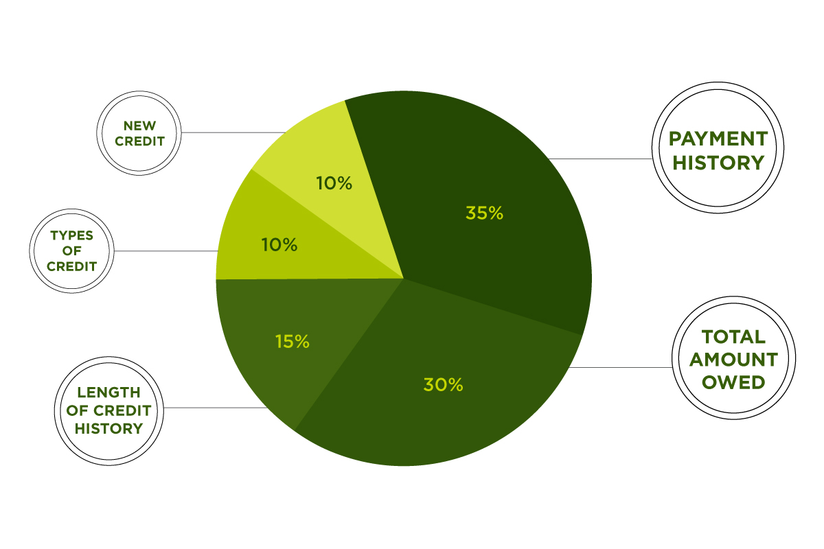 A pie graph showing how a credit score is broken down by percentages. Click to view the full infographic.