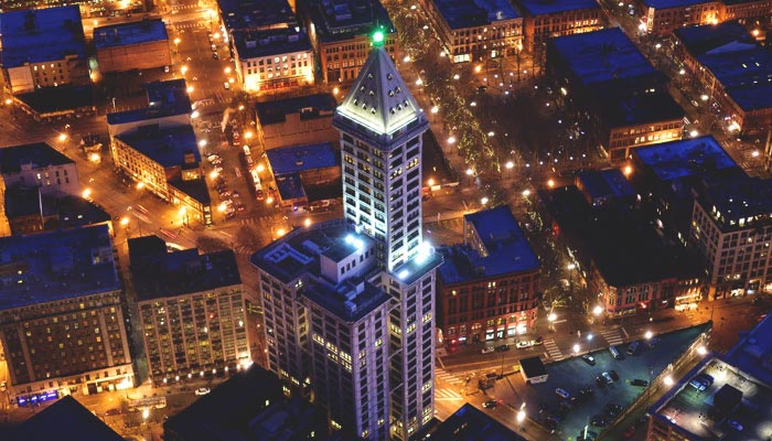 smith tower at night